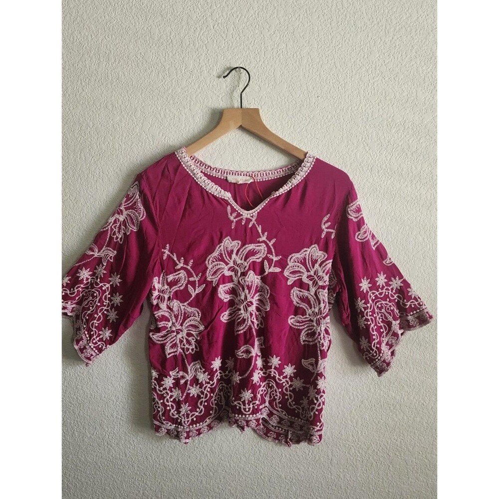 Solitaire Fuschia White Floral Embroidered Boho Peasant Top XL